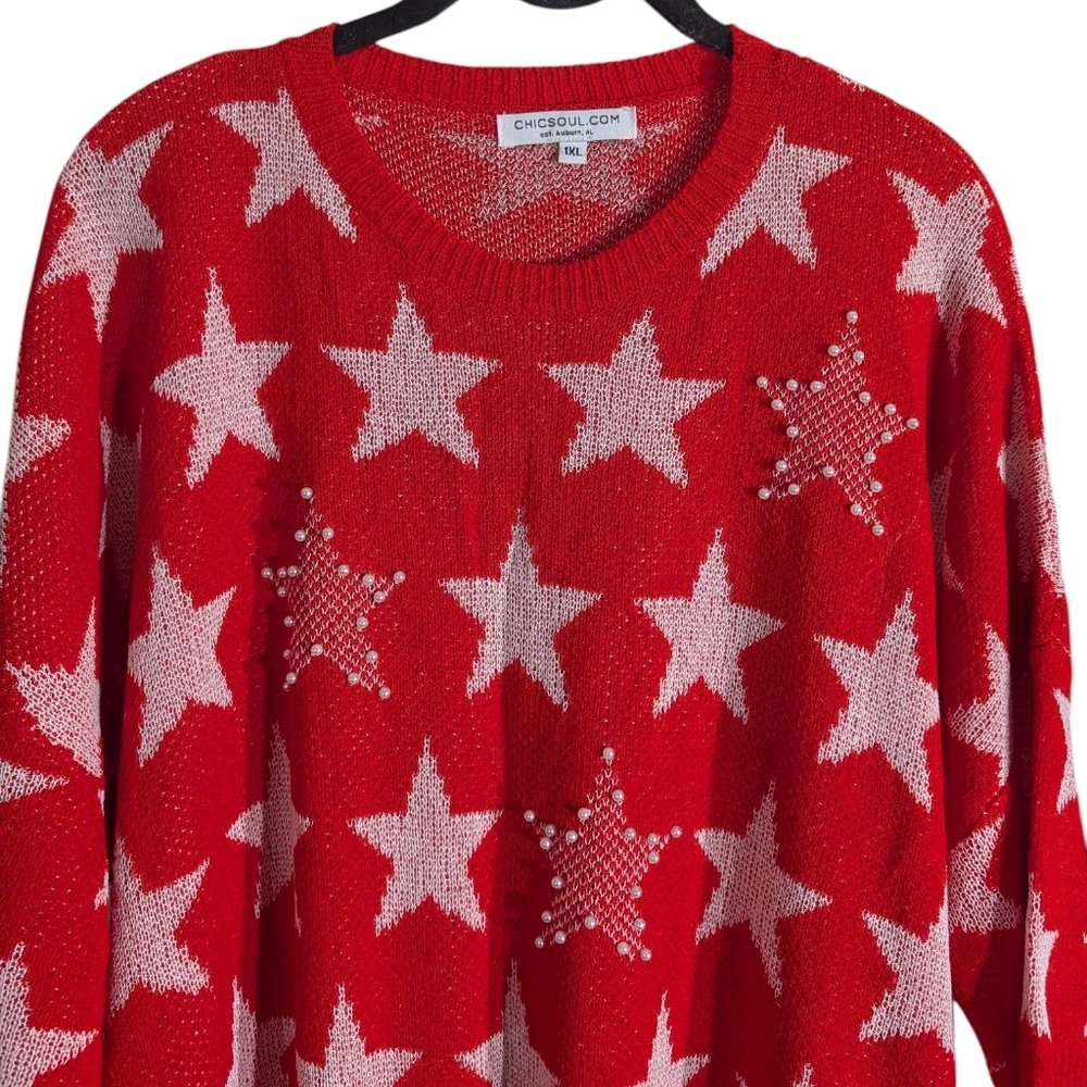 Red Star Print Oversized Sweater w/ Pearl Embellishments | Boho Cozy Size 1X - Picture 4 of 8